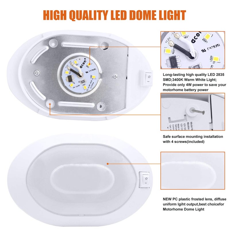 Facon 12V RV Ceiling Light with On&Off Switch, Oval Pancake Dome Light, RV Interior Light Fixture for RV Motorhomes Camper Caravan Trailer Boat - Image 3